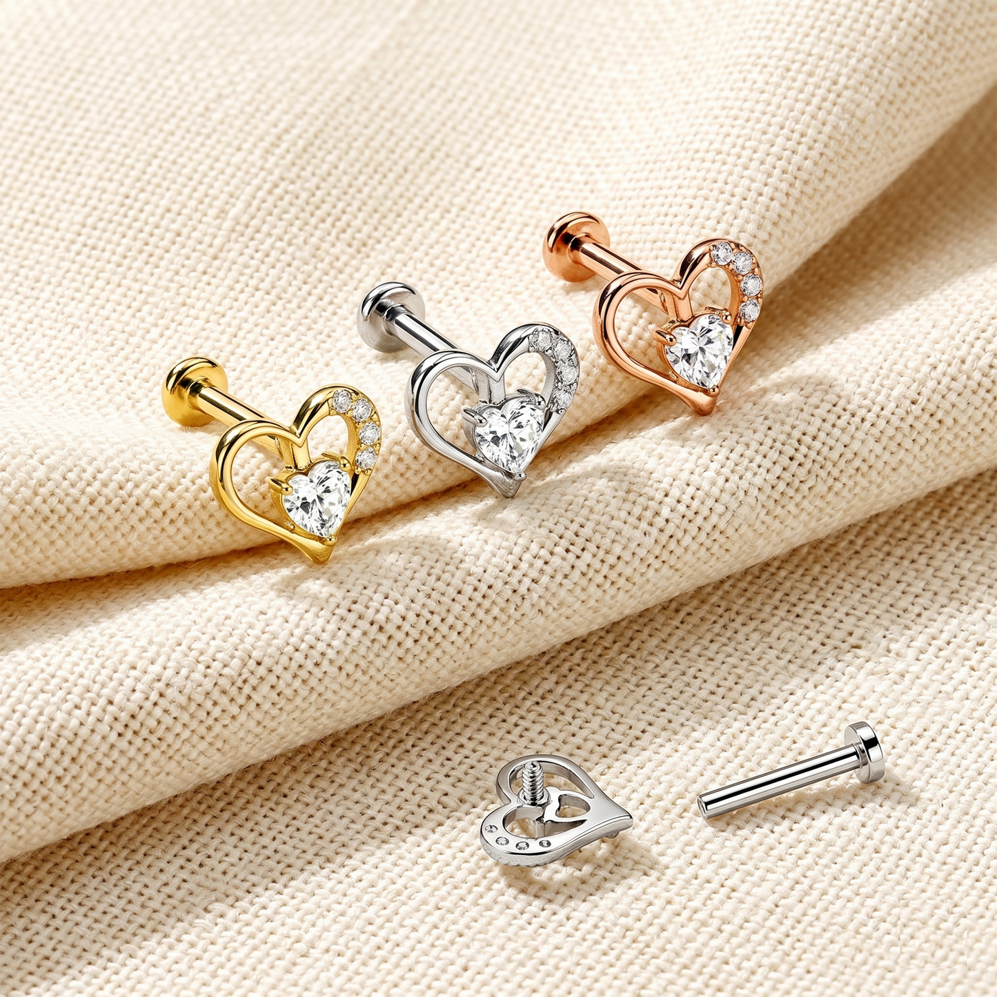 Surgical Steel Heart CZ Internally Threaded Flat Back Labret 16G