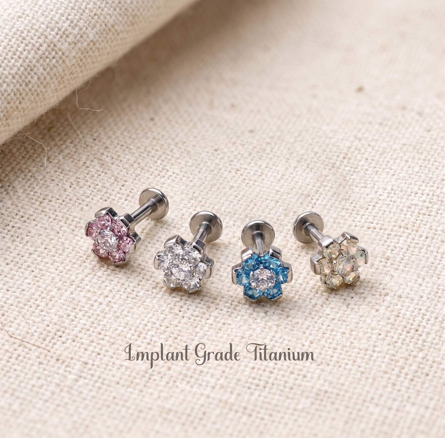 Titanium Flower CZ Threaded Labret Stud 16G