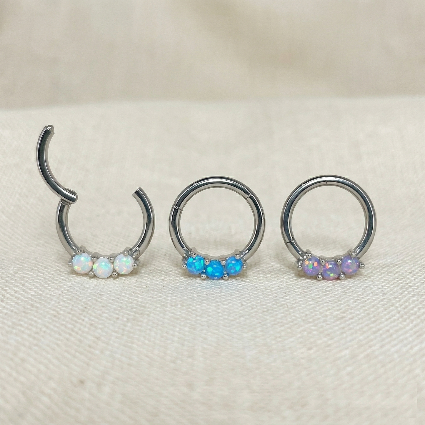 Surgical Steel 3-Opal Hinged Clicker Hoop 16G