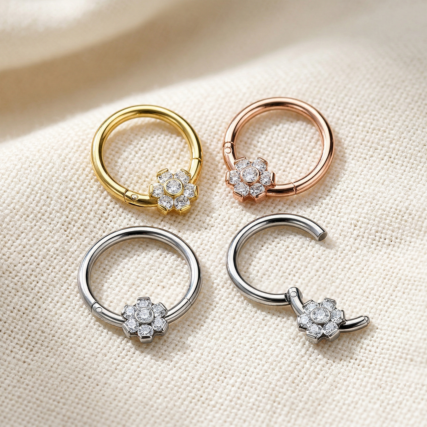 Titanium CZ Flower Hinged Clicker Hoop 16G 18G
