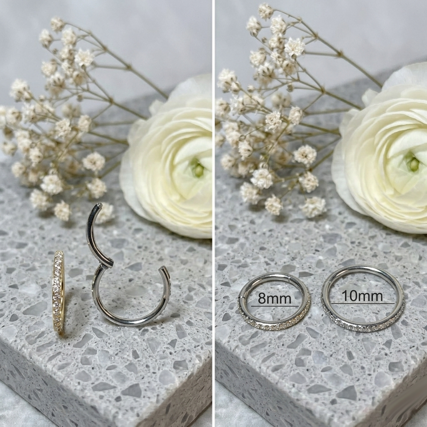 Titanium CZ hinged hoop rings collection on display