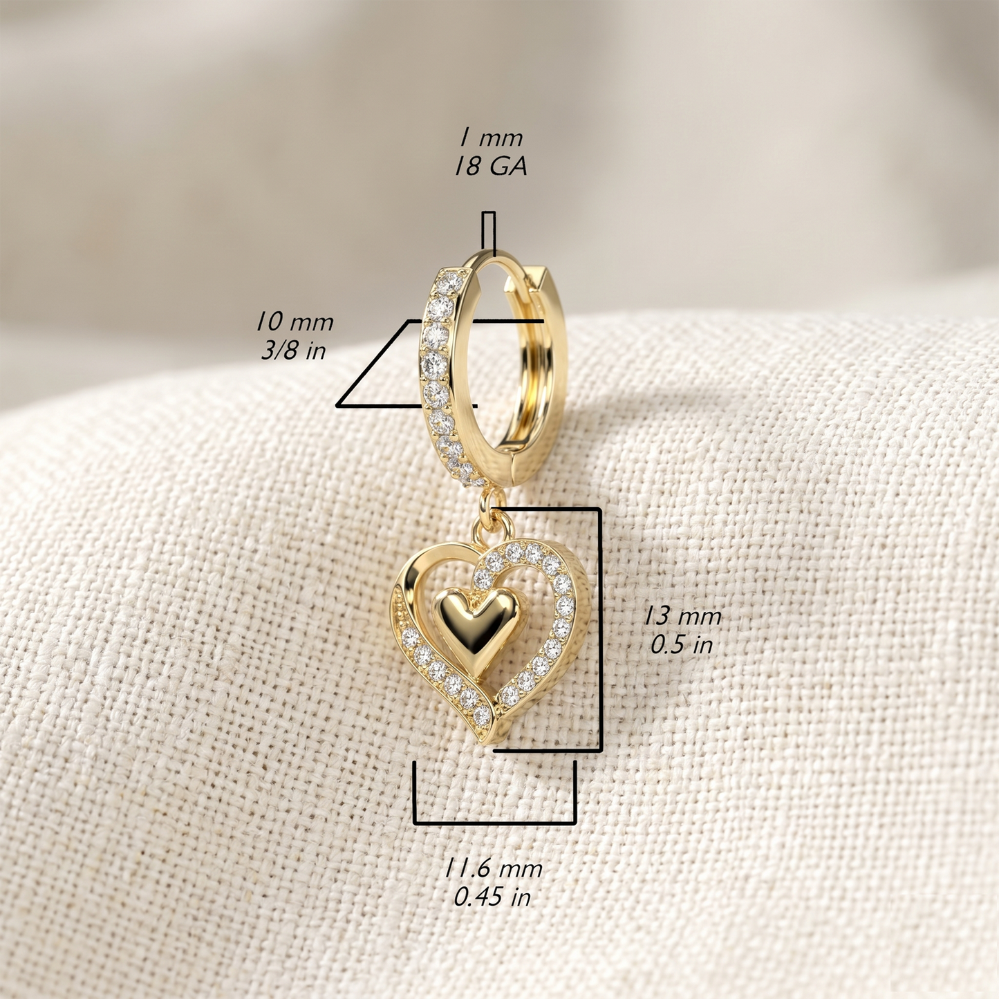 Surgical Steel Heart Dangle Hoop CZ Earrings 18G