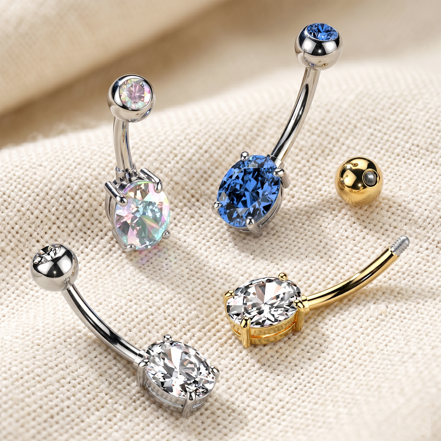 Titanium CZ Top Oval Belly Button Ring 14G