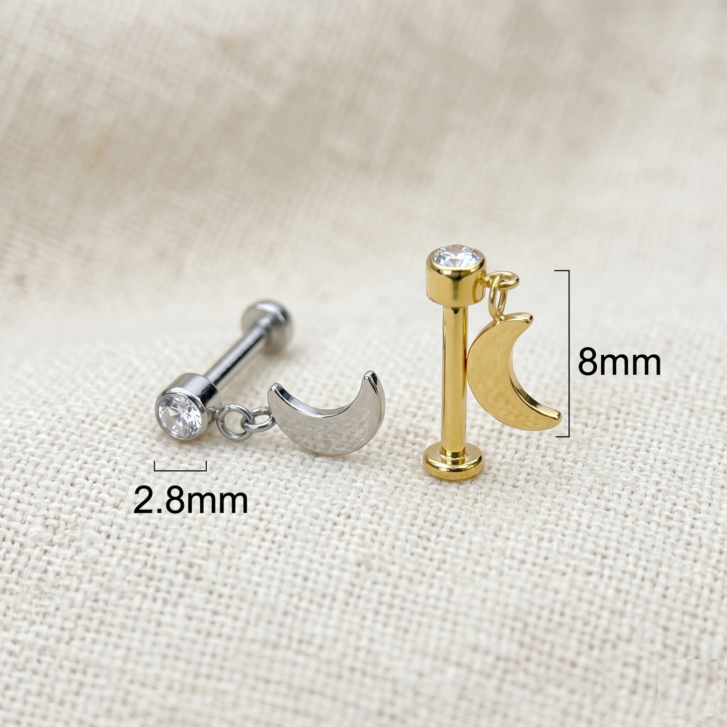 Titanium Crescent Moon CZ Dangle Threaded Stud 16G