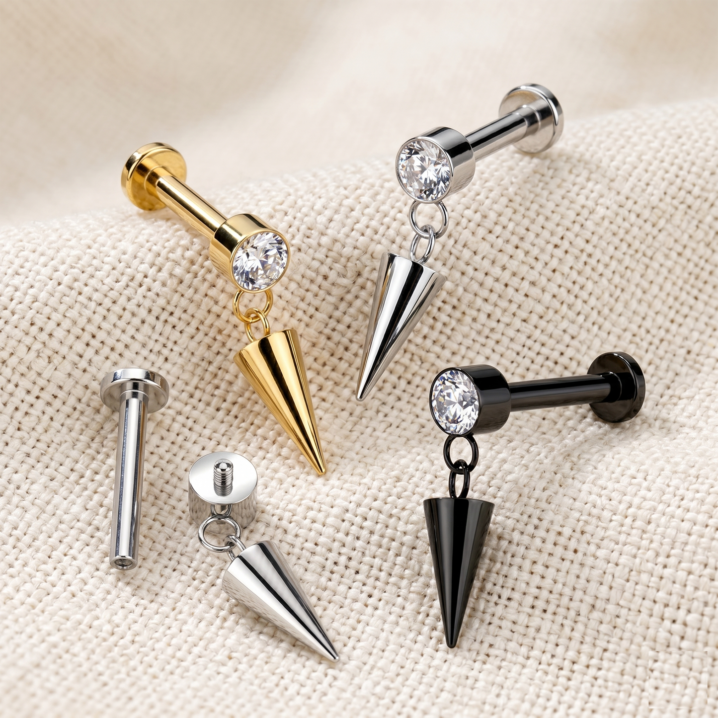 Titanium CZ Dangle Cone Threaded Stud 16G