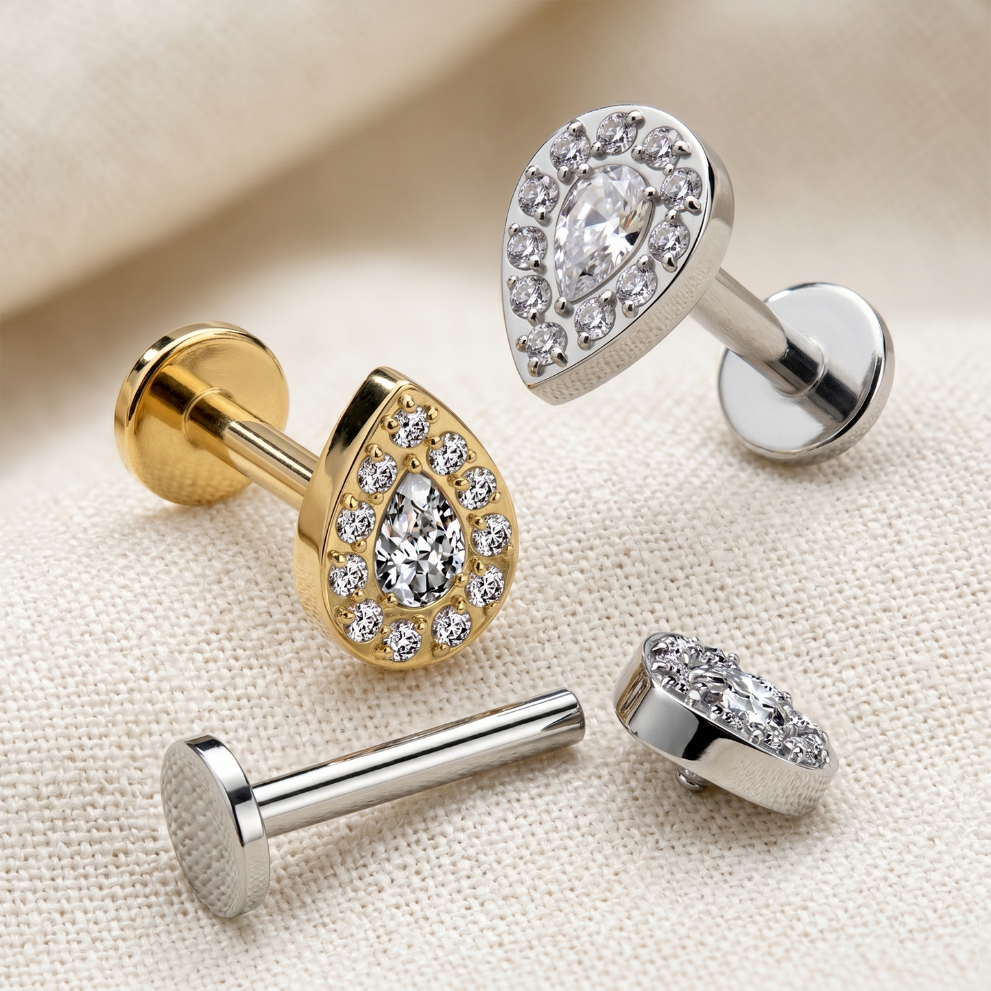 Titanium Teardrop CZ Threaded Flat Back Stud 16G