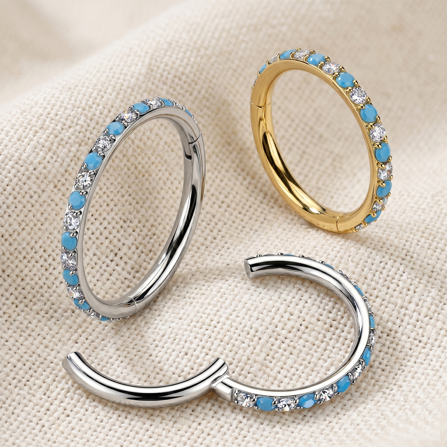 Titanium Turquoise & Clear CZ Hinged Hoop