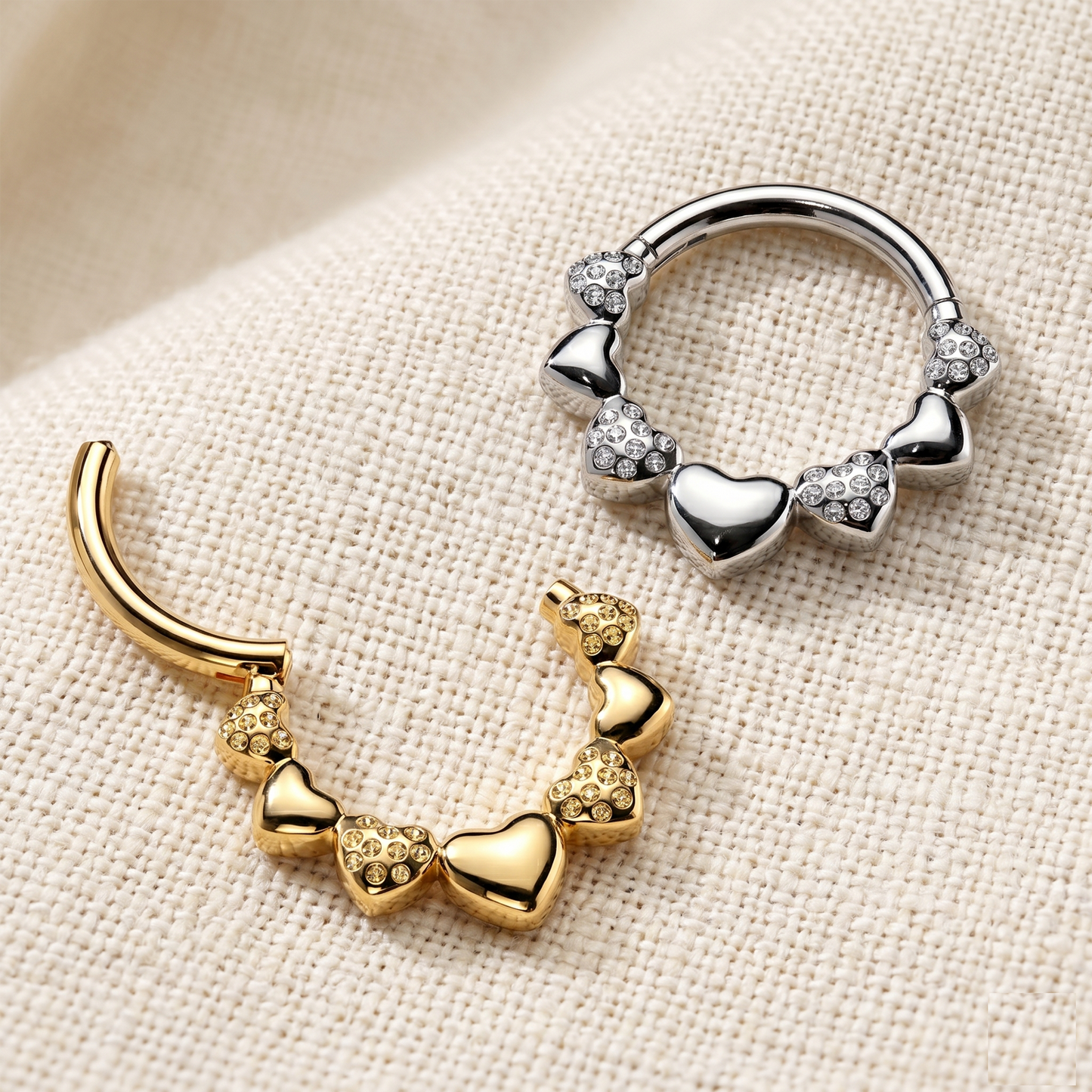 Surgical Steel Hearts CZ Hinged Clicker Hoop 16G