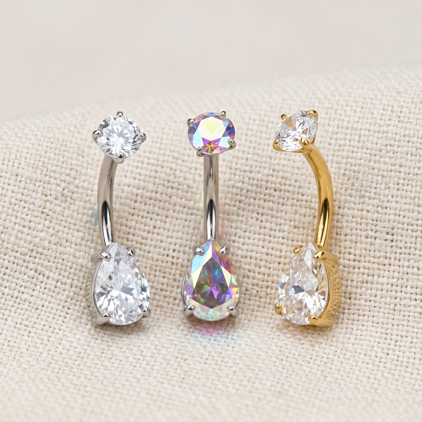 Surgical Steel Prong Teardrop CZ Belly Ring 14G