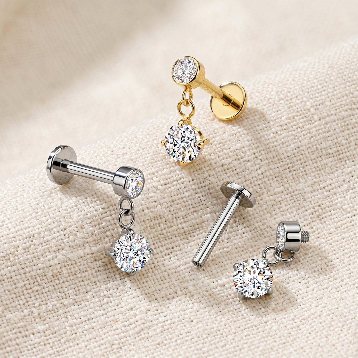 Surgical Steel Round CZ Dangle Threaded Flat Back Stud 16G