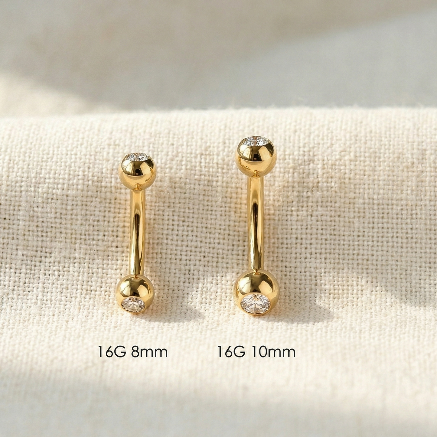 24K gold titanium cz curved barbell size comparison