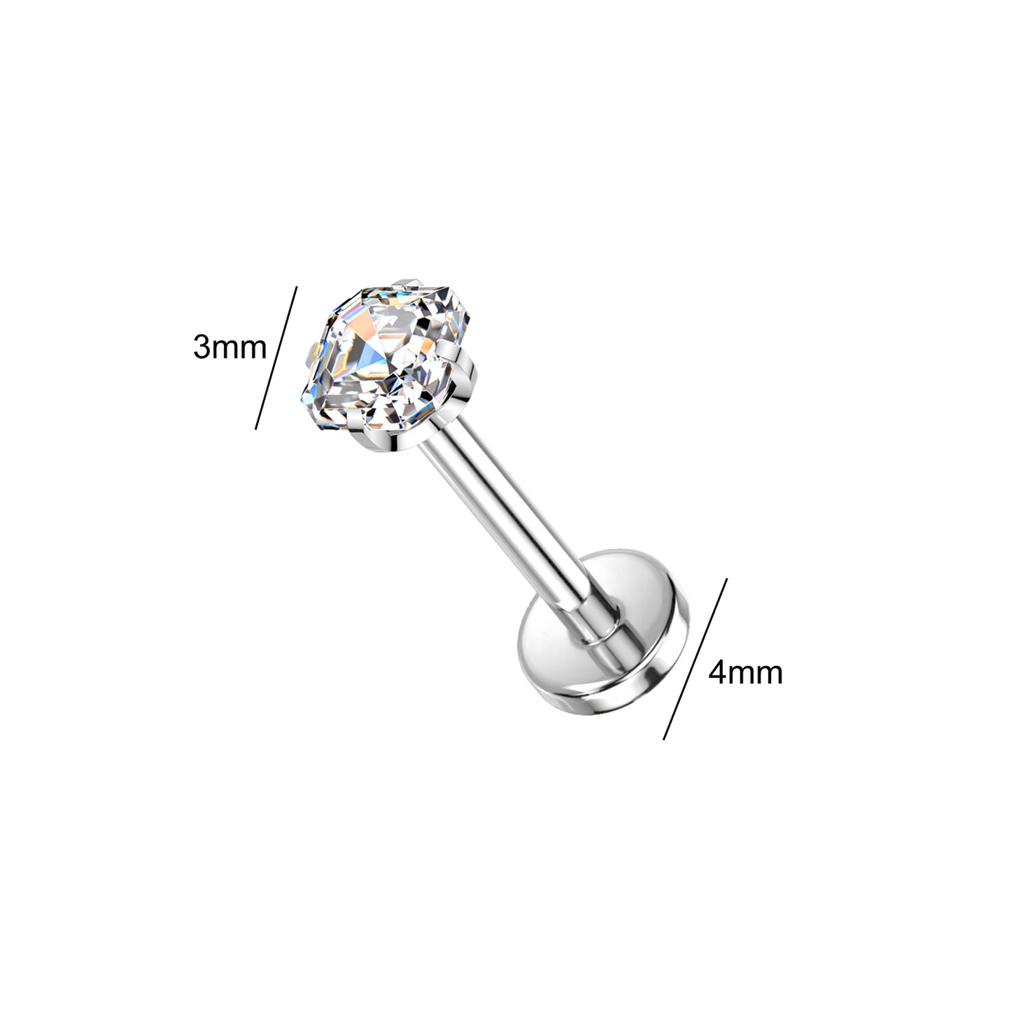 Titanium Asscher Cut Square CZ Prong Threadless Flat Back Stud