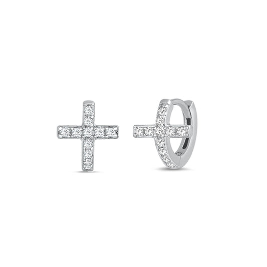 ✨ 925 Silver CZ Huggie Cross Hoop Earrings