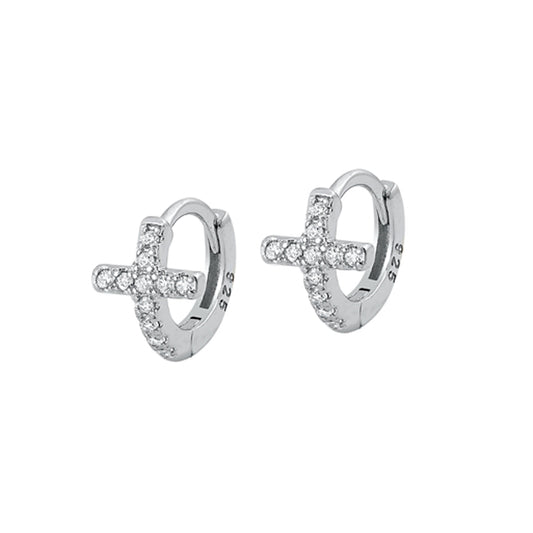 ✨ 925 Silver CZ Huggie Cross Hoop Earrings