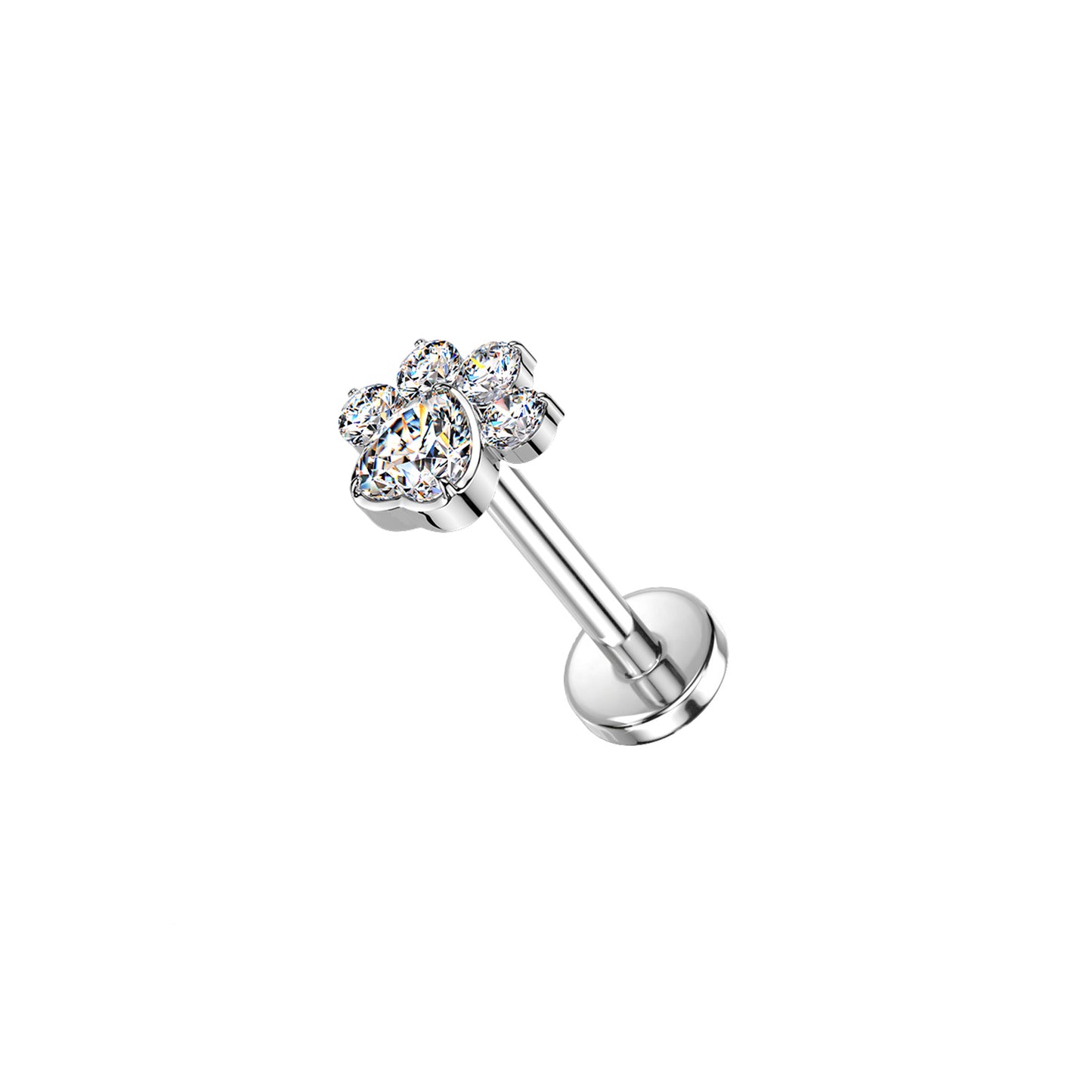 ✨ Titanium Threadless Push In CZ Paw Top Labret Bar Stud