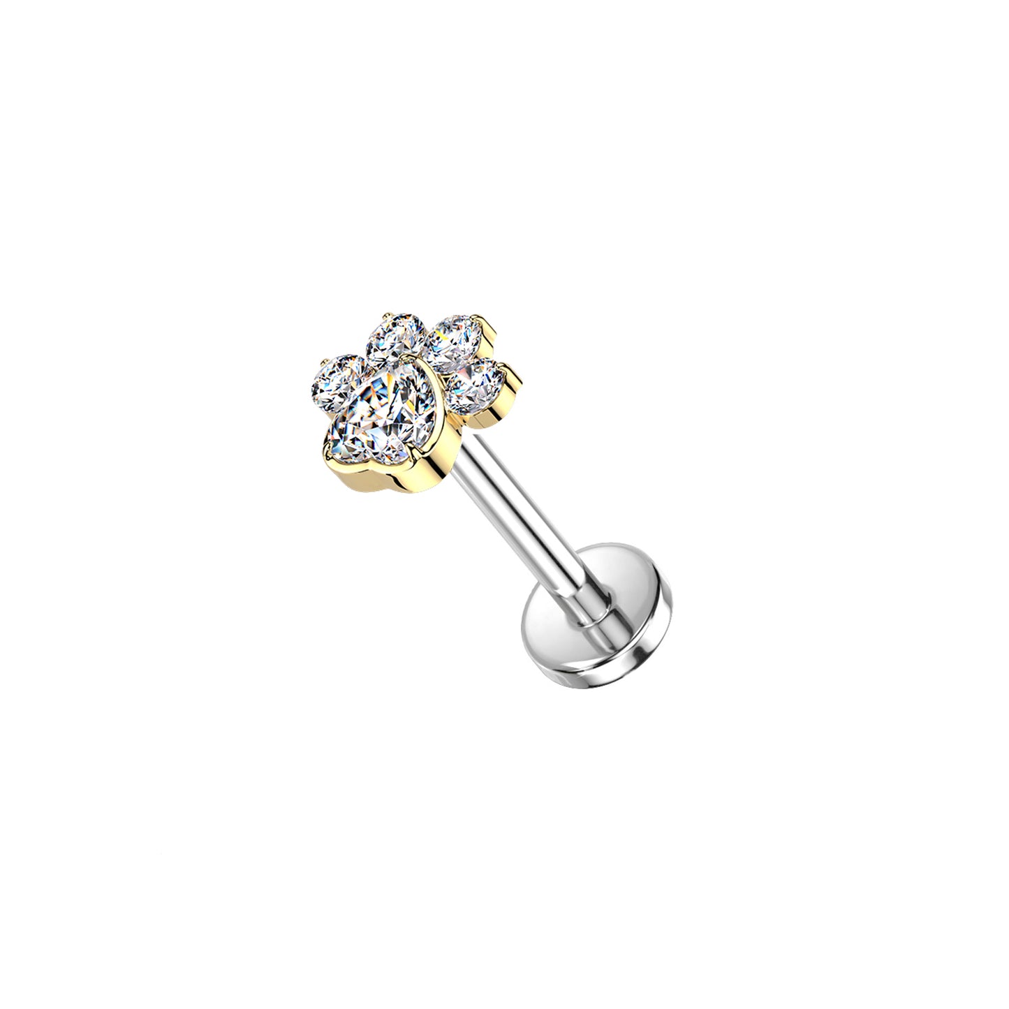 ✨ Titanium Threadless Push In CZ Paw Top Labret Bar Stud
