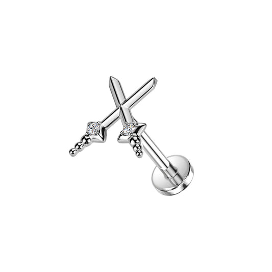 ✨ Titanium Threadless Push In Cross Sword with CZ Top Labret Bar Stud