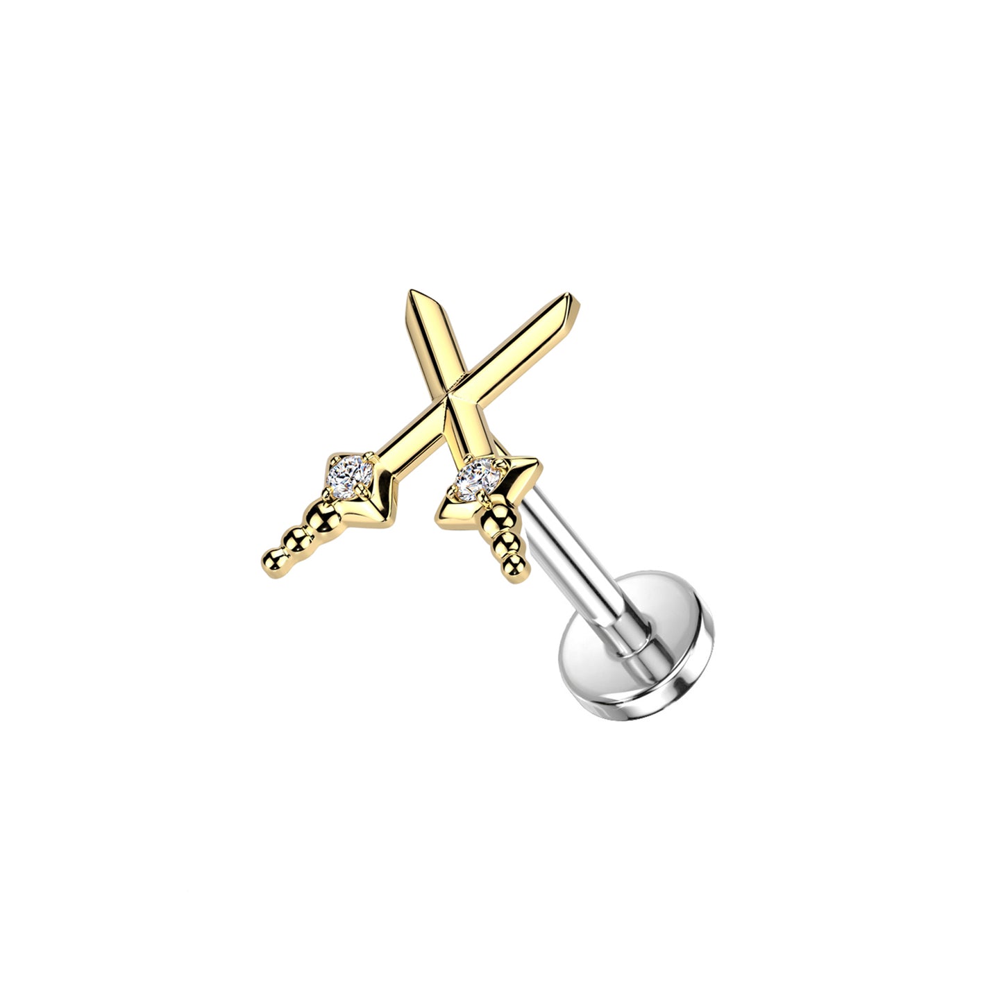 ✨ Titanium Threadless Push In Cross Sword with CZ Top Labret Bar Stud