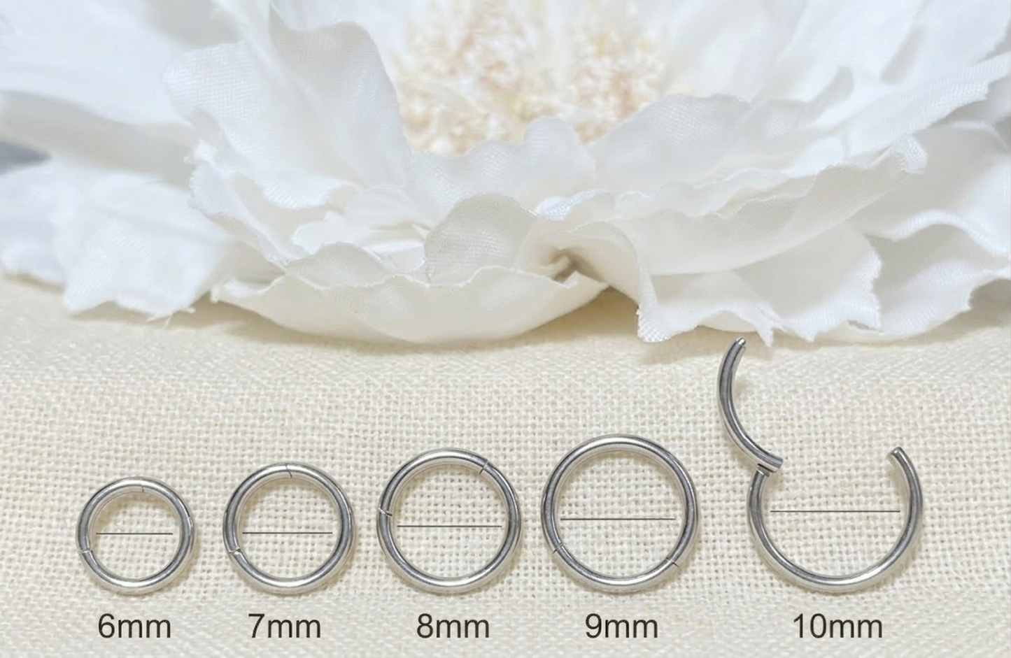 Silver titanium hinged hoop size comparison 6mm to 10mm
