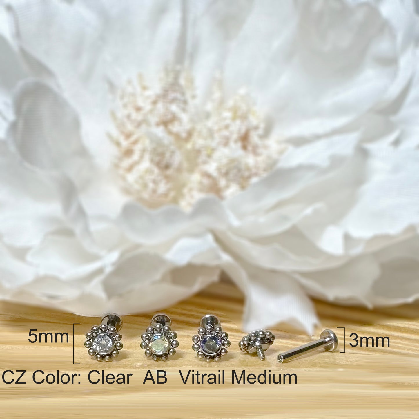 ✨ Titanium Beaded Ball with CZ Top Internally Threaded Labret 16G