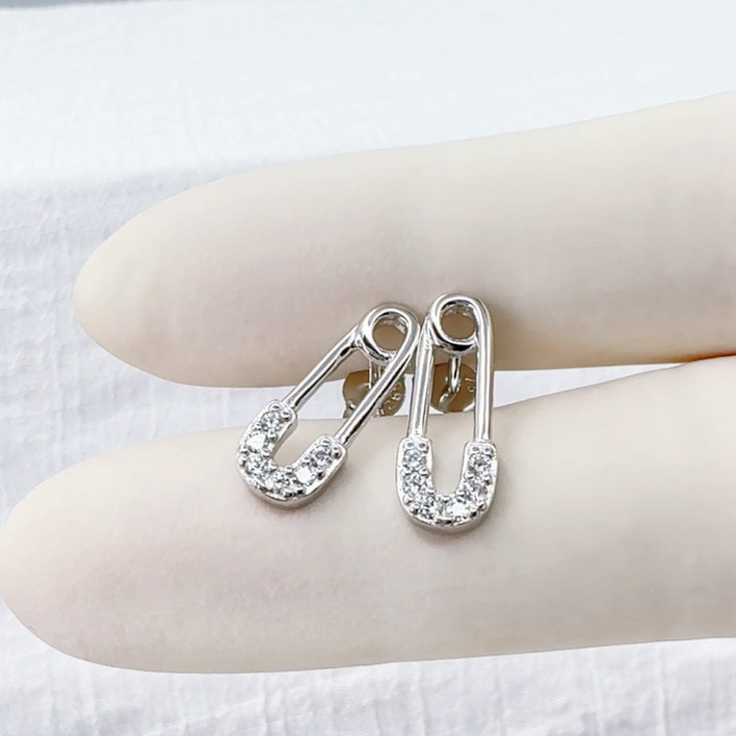 ✨ 925 Silver CZ Safety Pin Stud Earrings