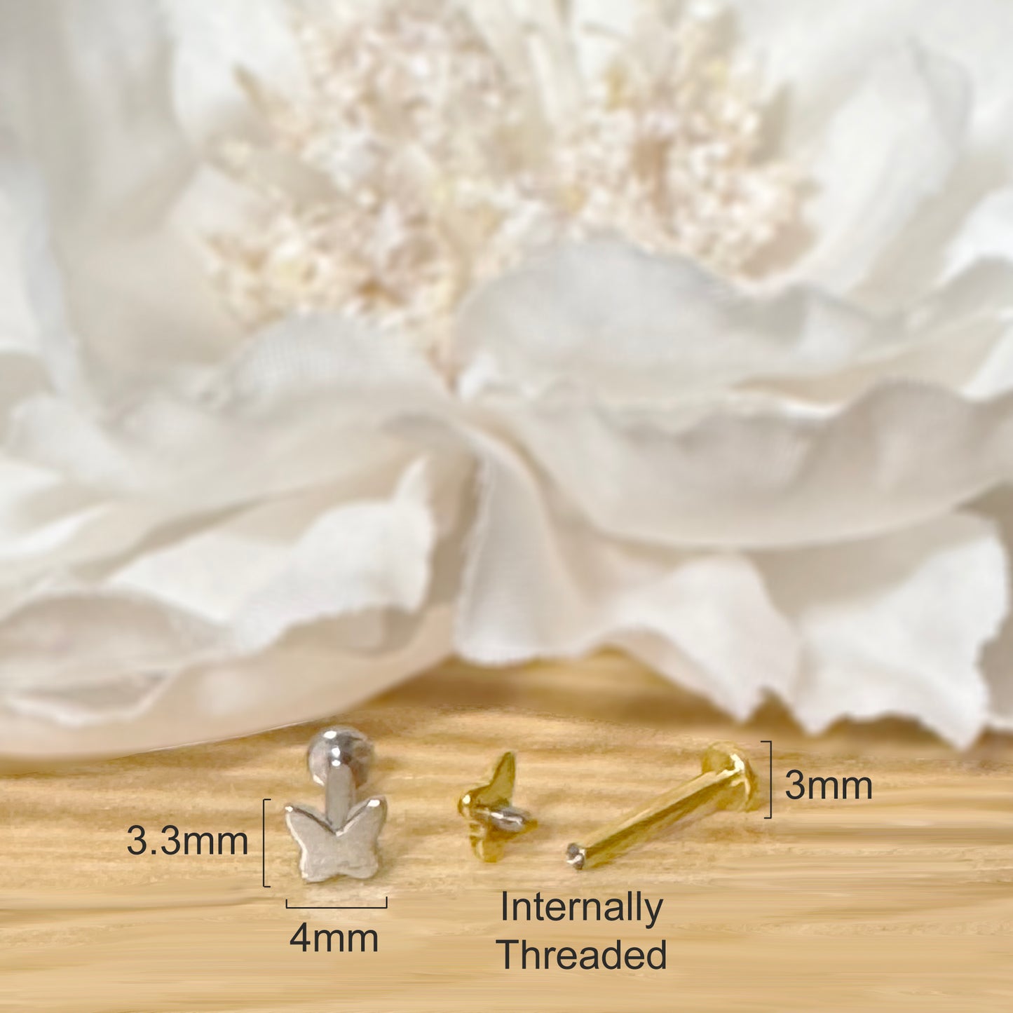 ✨ Titanium 16G Butterfly Top with Internally Threaded Labret Bar