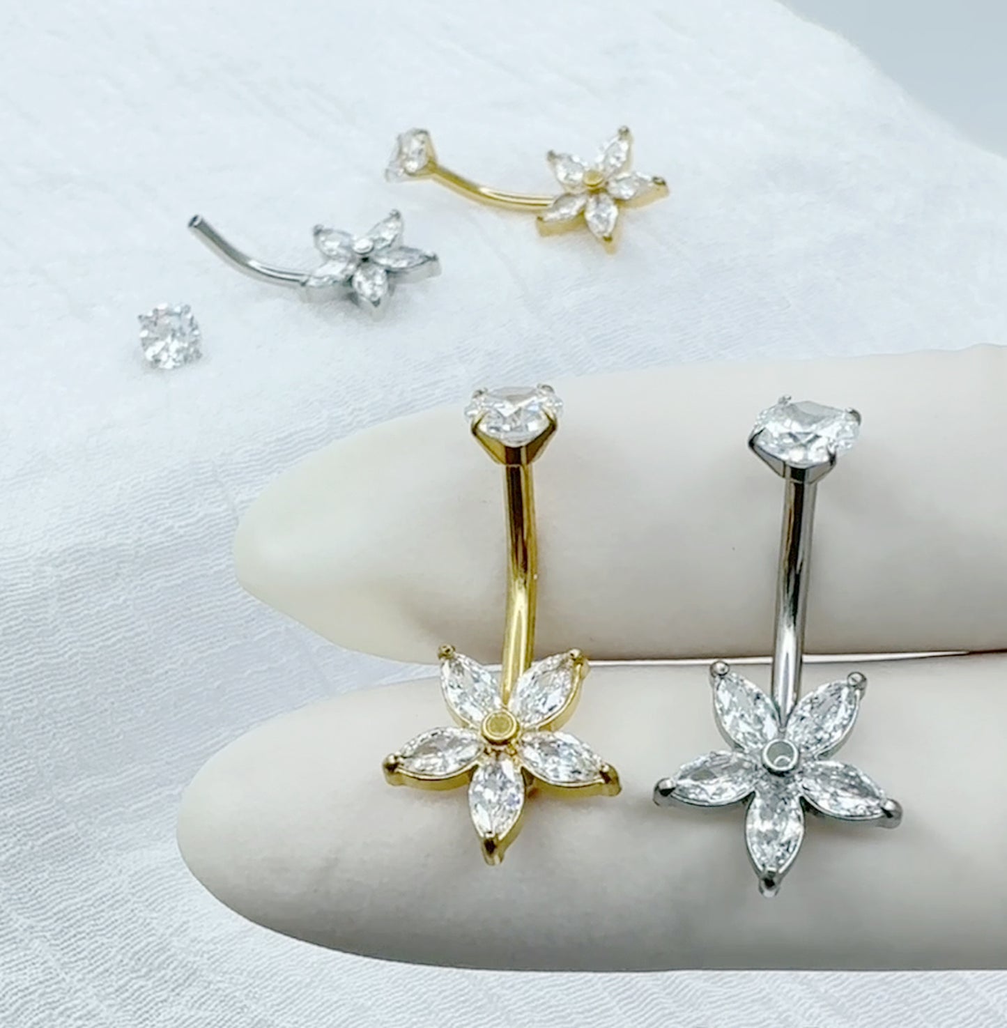 ✨ 316L Surgical Steel Internally Threaded Marquise CZ Flower Belly Button Ring 14G 10mm