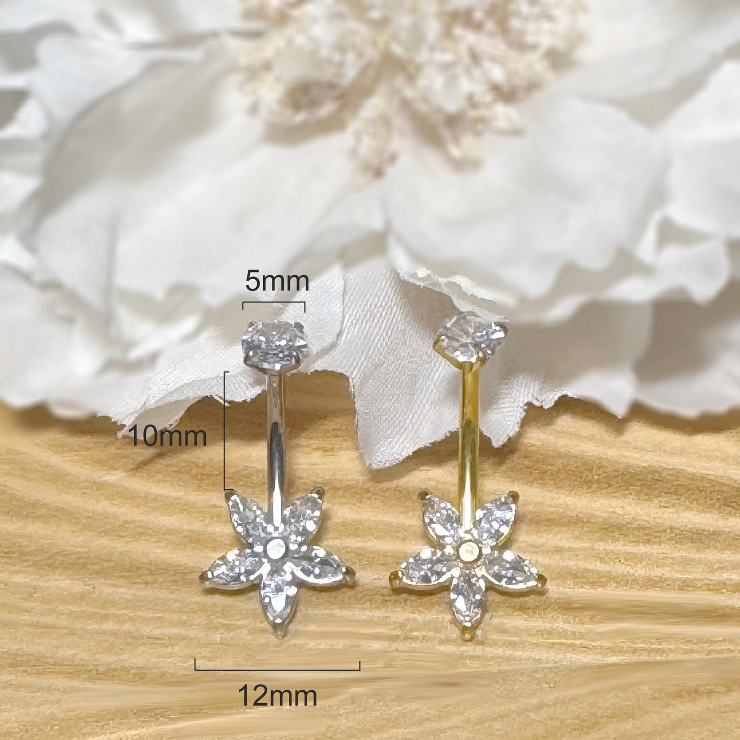 ✨ 316L Surgical Steel Internally Threaded Marquise CZ Flower Belly Button Ring 14G 10mm