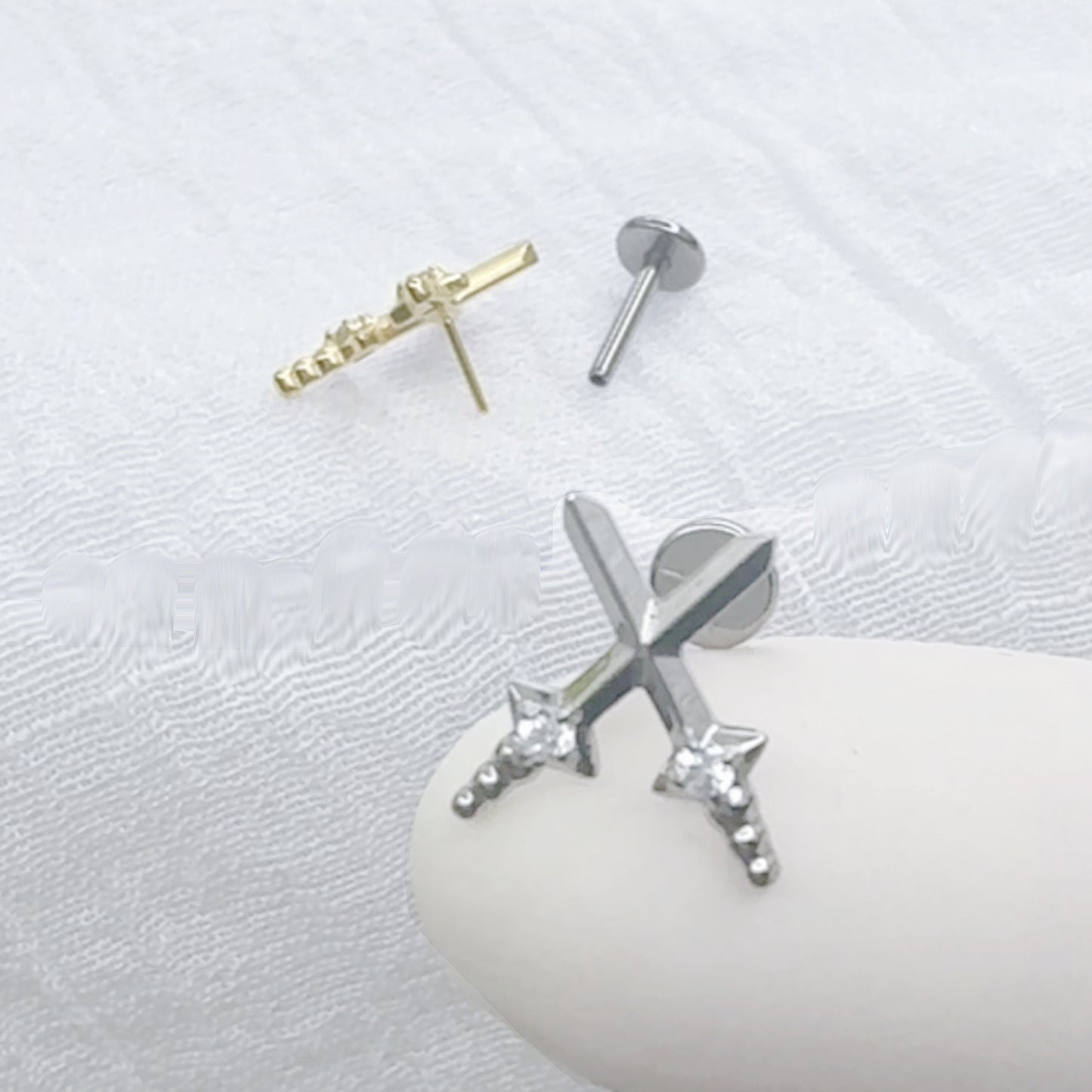 ✨ Titanium Threadless Push In Cross Sword with CZ Top Labret Bar Stud