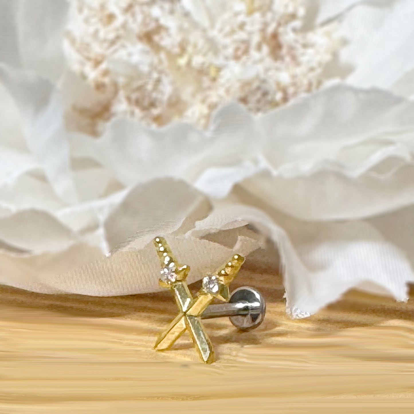 ✨ Titanium Threadless Push In Cross Sword with CZ Top Labret Bar Stud