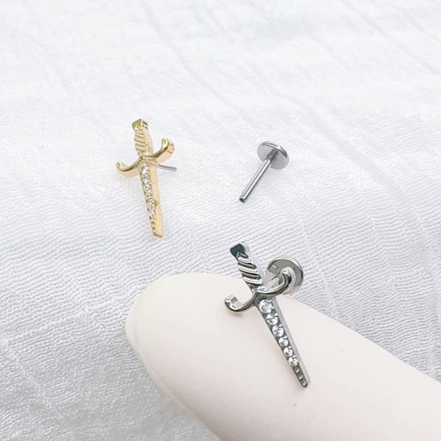 ✨ Titanium Threadless Push In Sword Dagger with CZ Top Labret Bar Stud