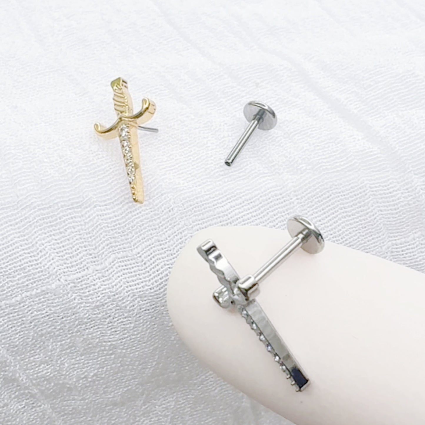✨ Titanium Threadless Push In Sword Dagger with CZ Top Labret Bar Stud