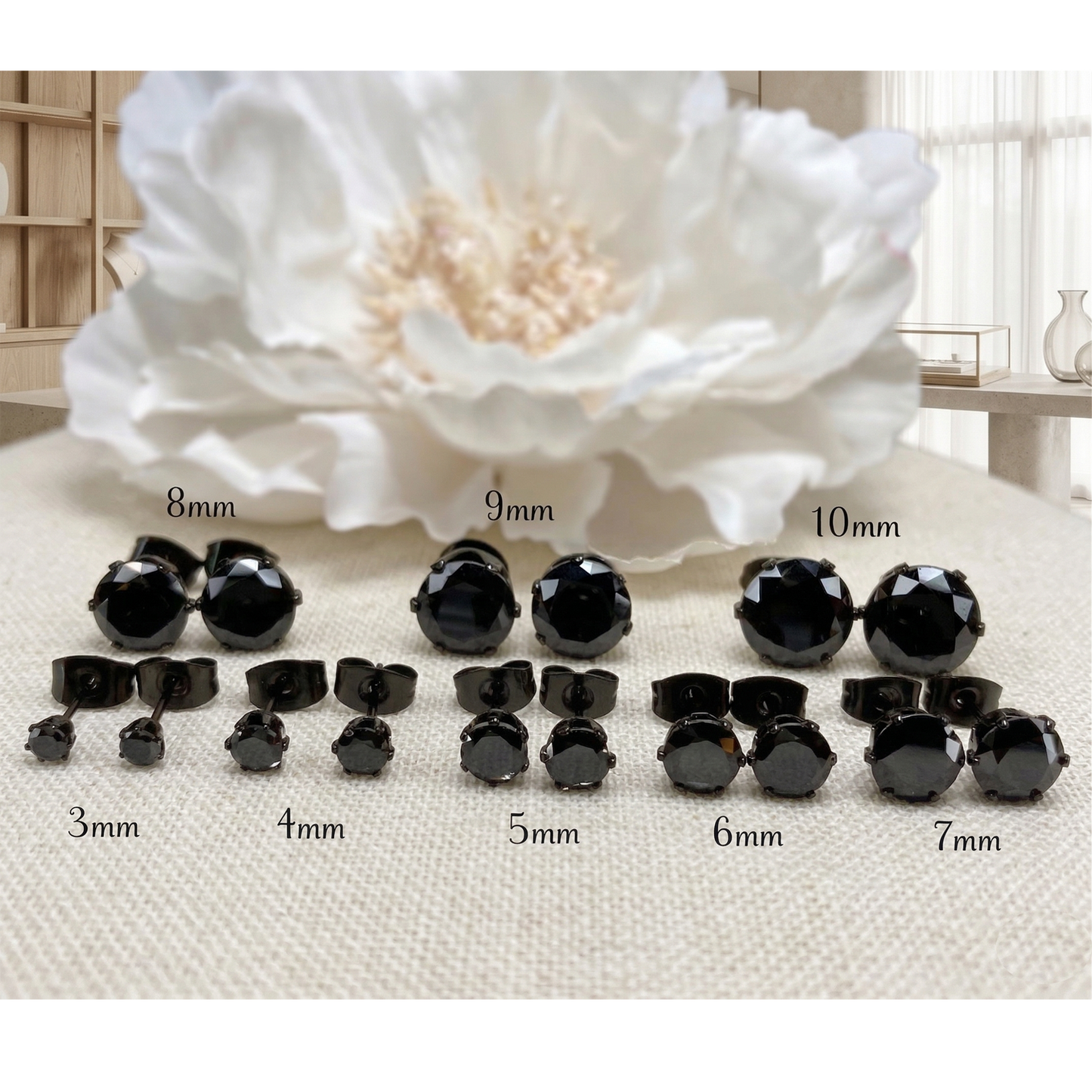 Black CZ surgical steel stud earrings size comparison multiple sizes