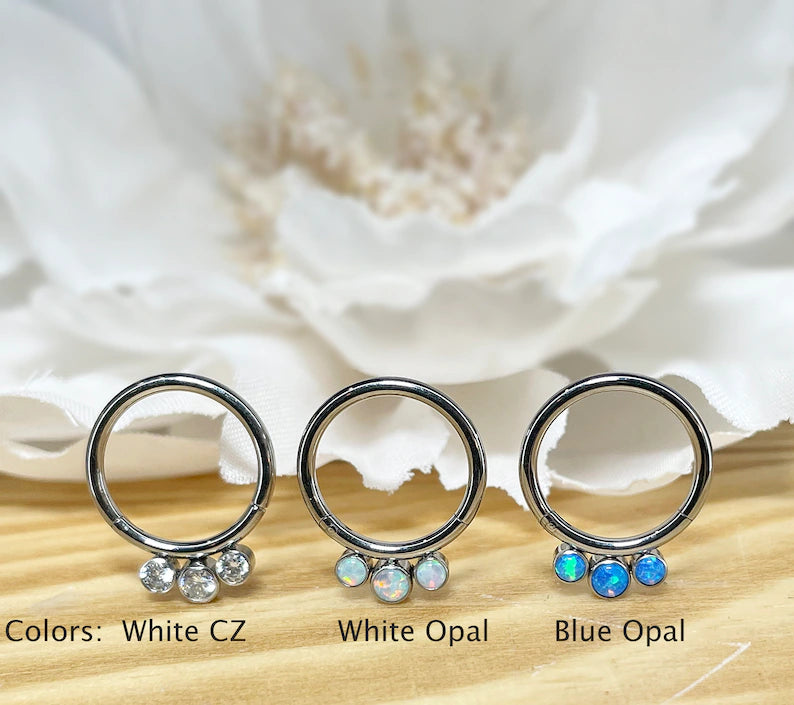 ✨ Titanium 3-Bezel Set CZ Hinged Clicker Hoop 16G