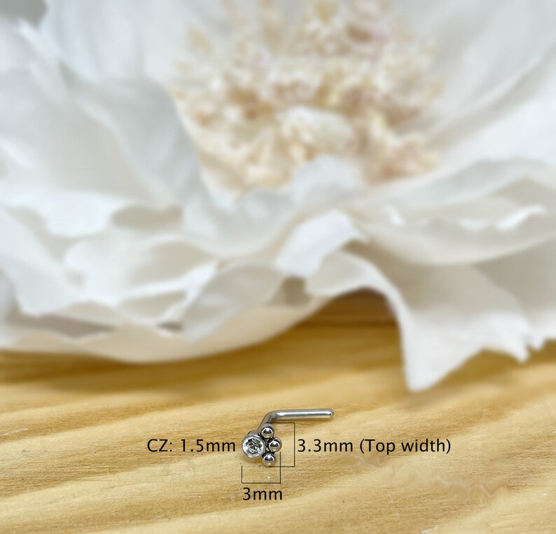 ✨ CZ 3-beaded ball L-Bend Nose Stud 20G