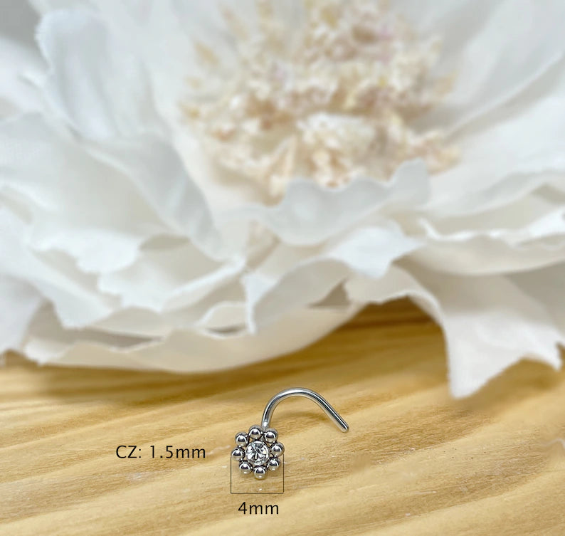 ✨ Surgical Steel Round Flower CZ Screw Nose Ring 20G