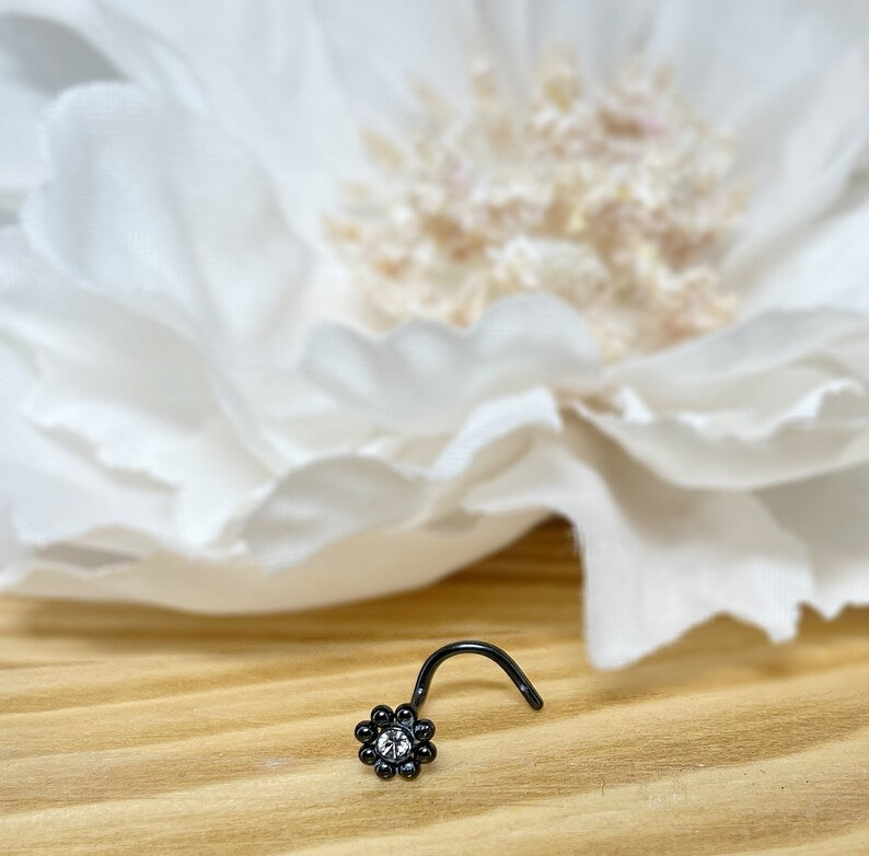✨ Surgical Steel Round Flower CZ Screw Nose Ring 20G