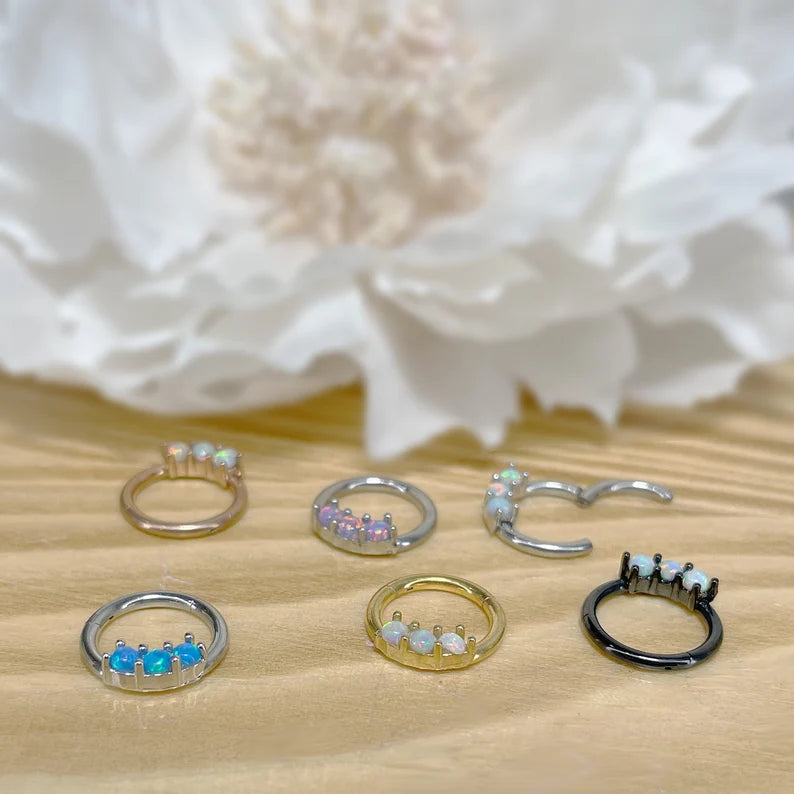 ✨ 16G Surgical Steel 3-Opal Set Solid Hinged Hoop