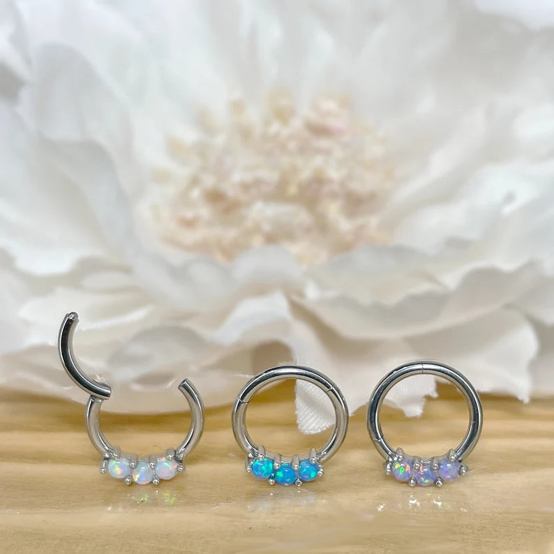 ✨ 16G Surgical Steel 3-Opal Set Solid Hinged Hoop