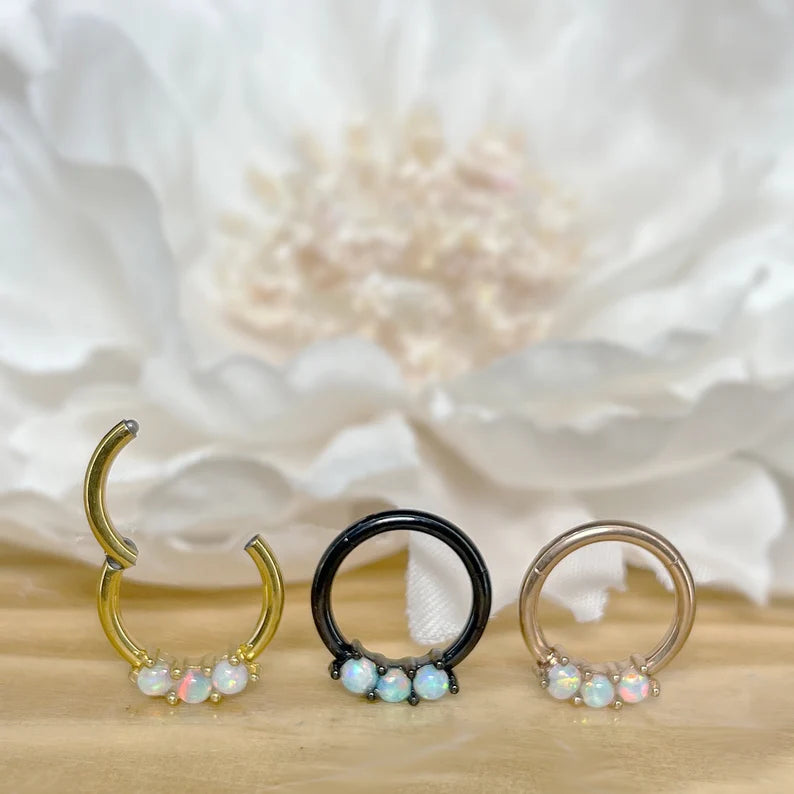 ✨ 16G Surgical Steel 3-Opal Set Solid Hinged Hoop