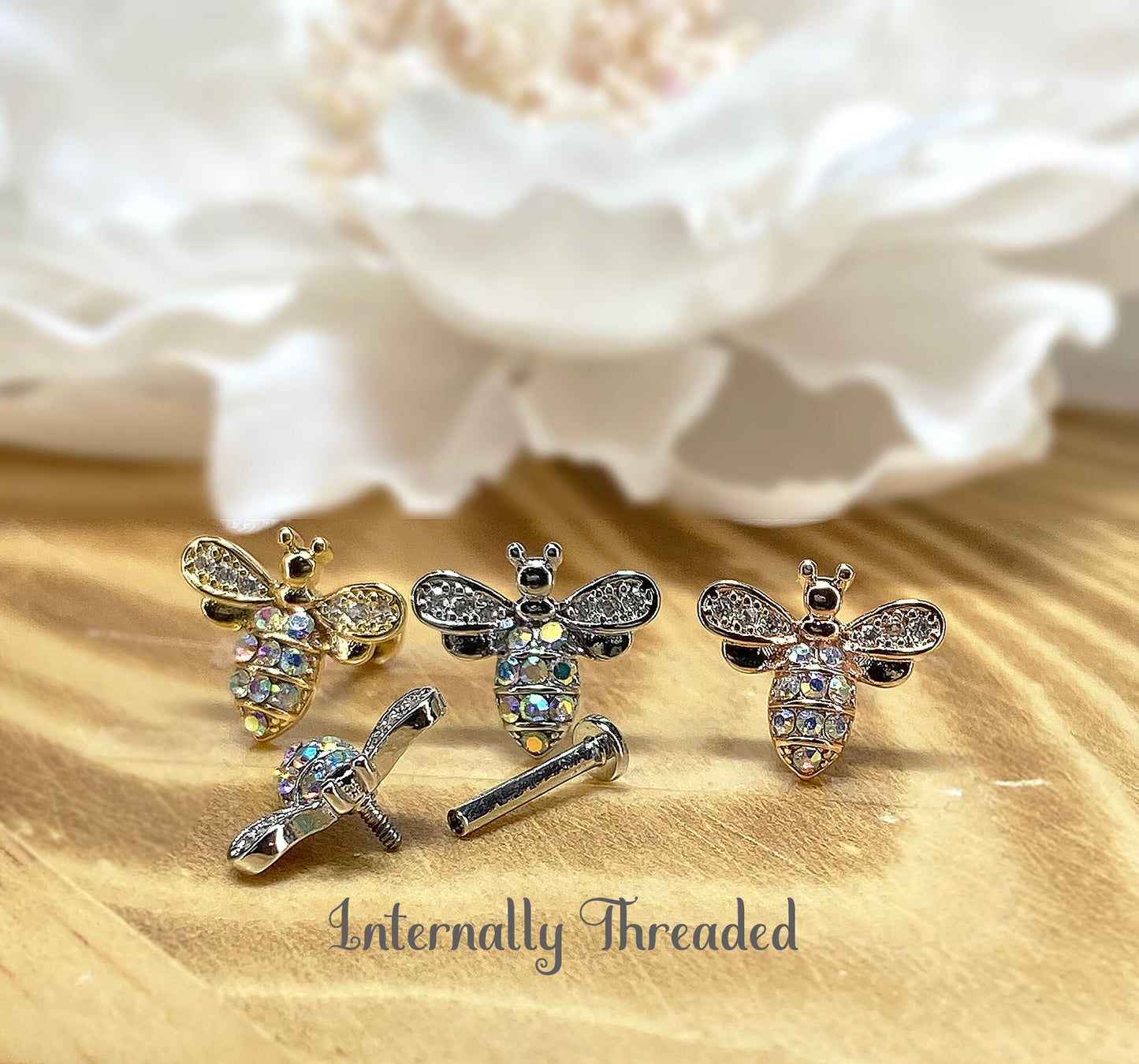 ✨ Surgical Steel CZ Bee Top Internal Threaded Flat Back Labret 16G