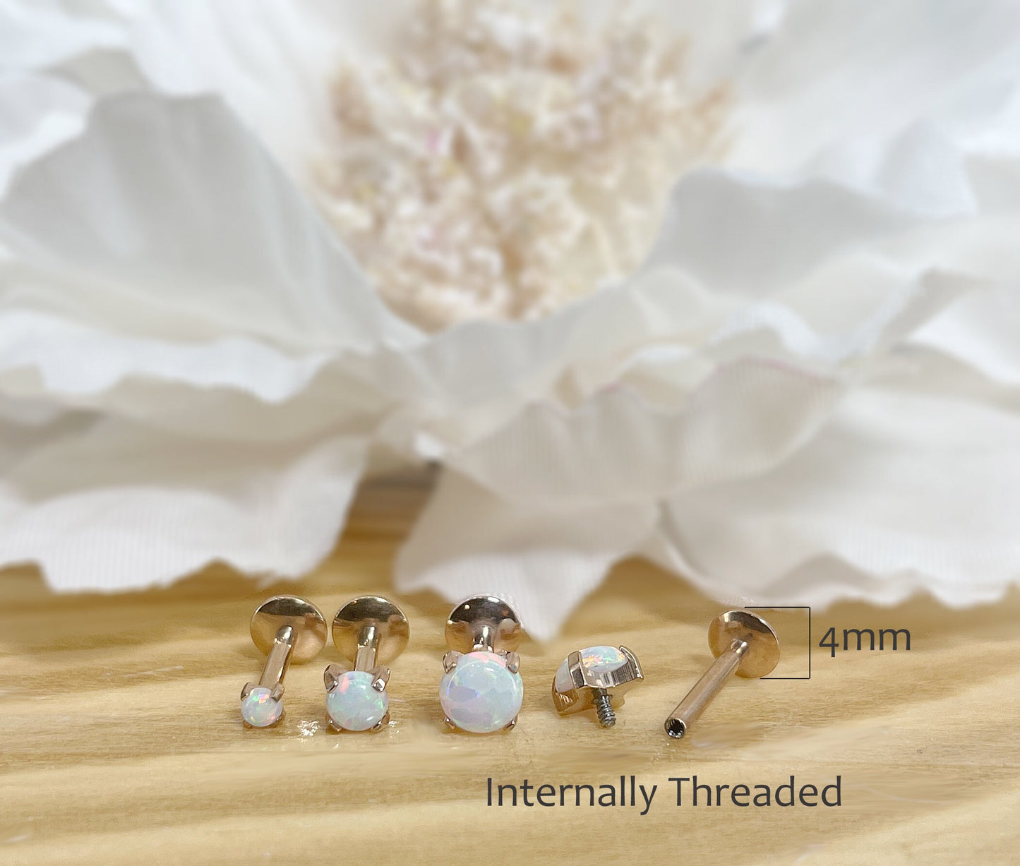 ✨ Rose Gold Titanium Internally Threaded White Opal Flat Back Labret 16G