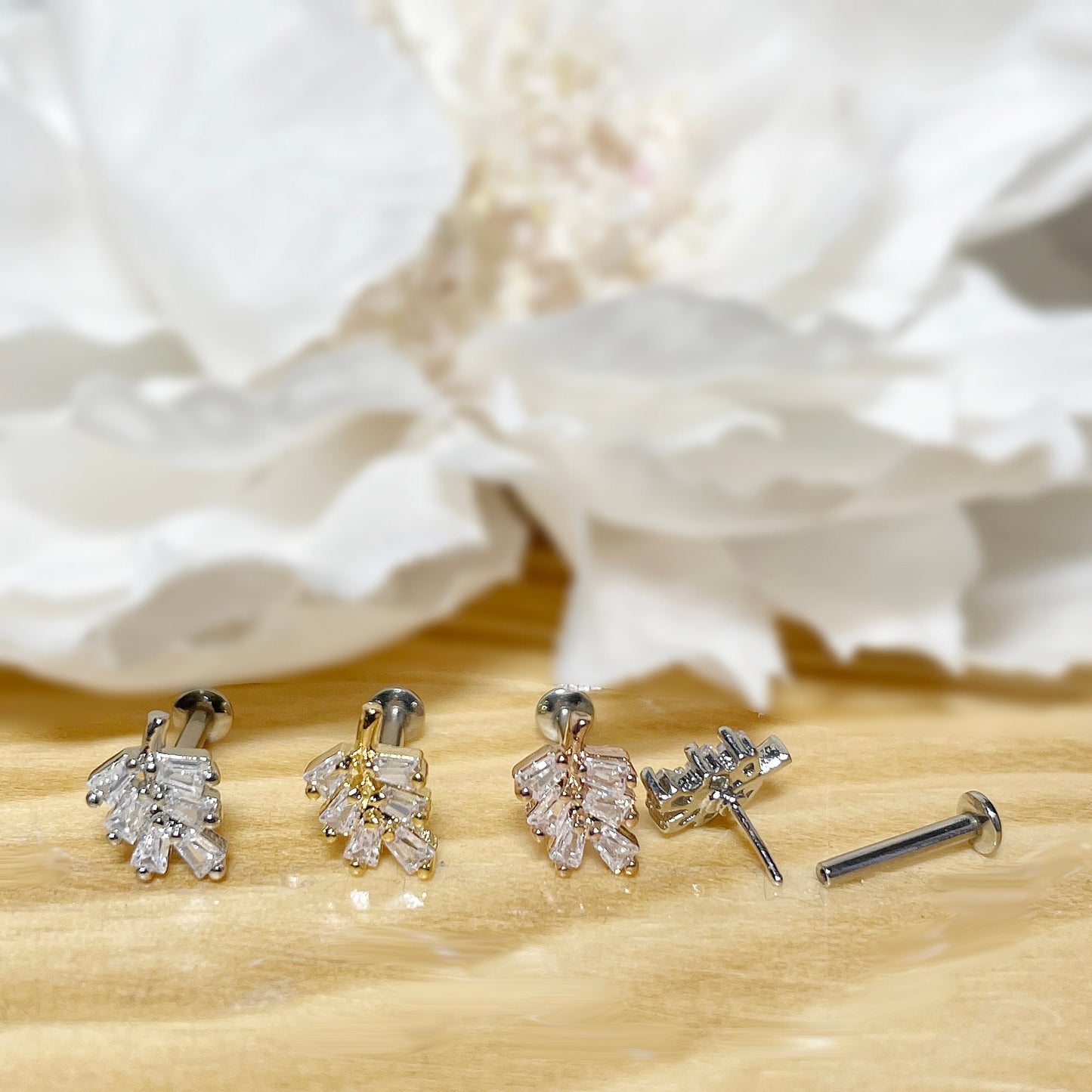 ✨ 16G Surgical Steel Leaf CZ Top Threadless Labret Bar