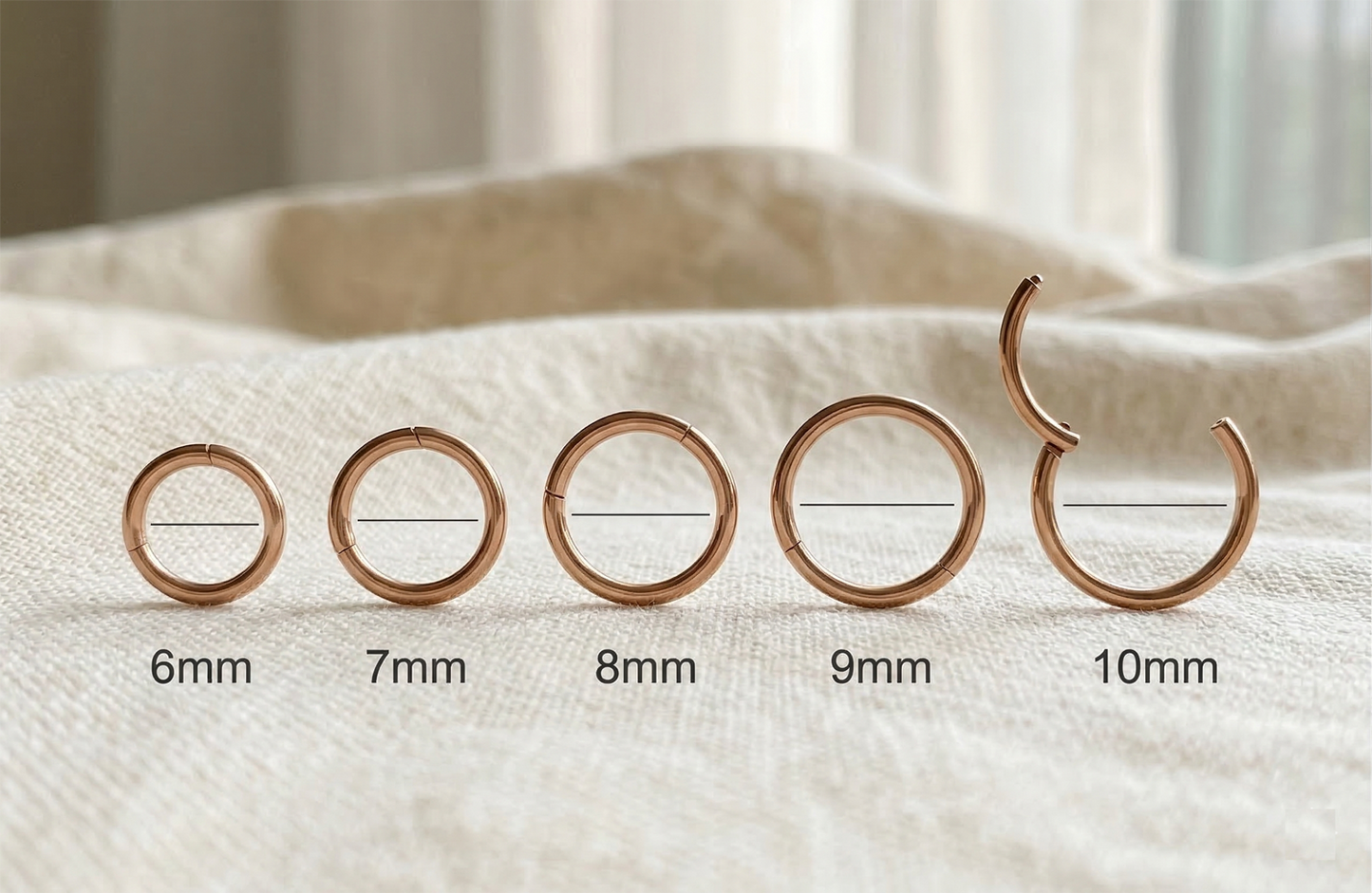Rose gold hinged hoop size comparison 6mm to 10mm