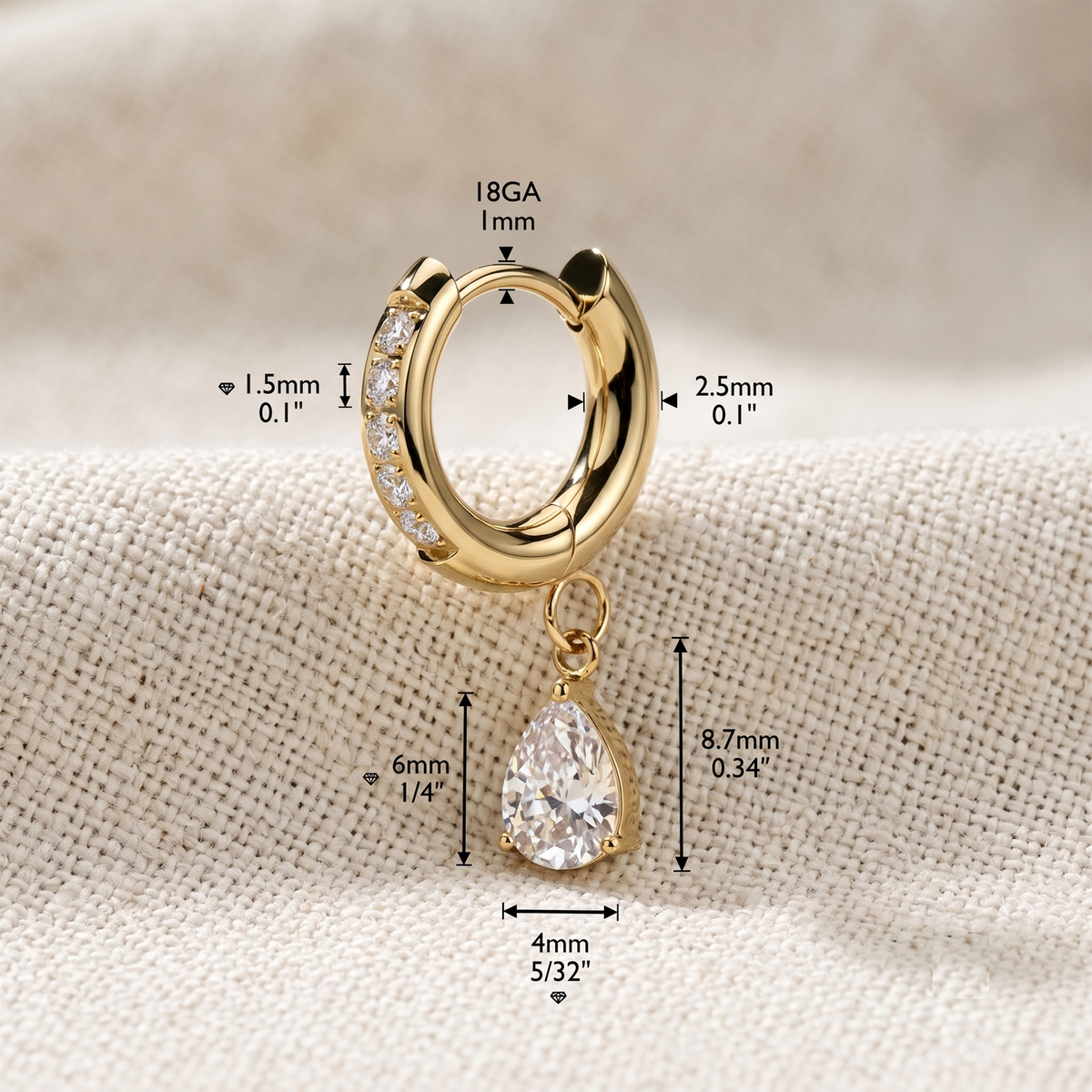 Surgical Steel CZ Huggie Hoop Earrings with Teardrop CZ Dangle (Pair)