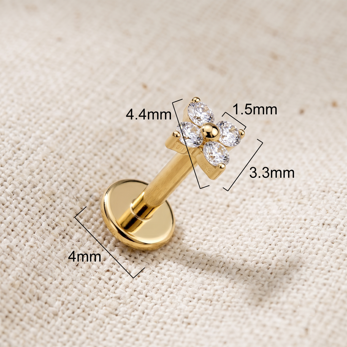Titanium 4 CZ Flower Threaded Flat Back Stud 16G