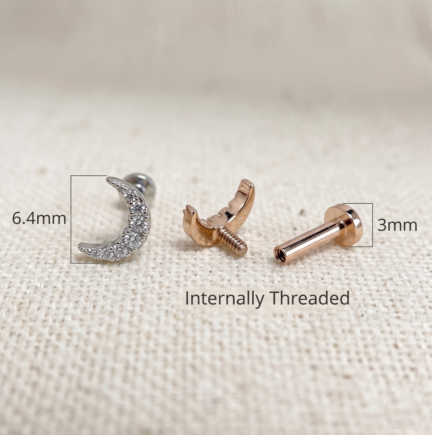 Surgical Steel Crescent Moon CZ Threaded Labret Stud 16G
