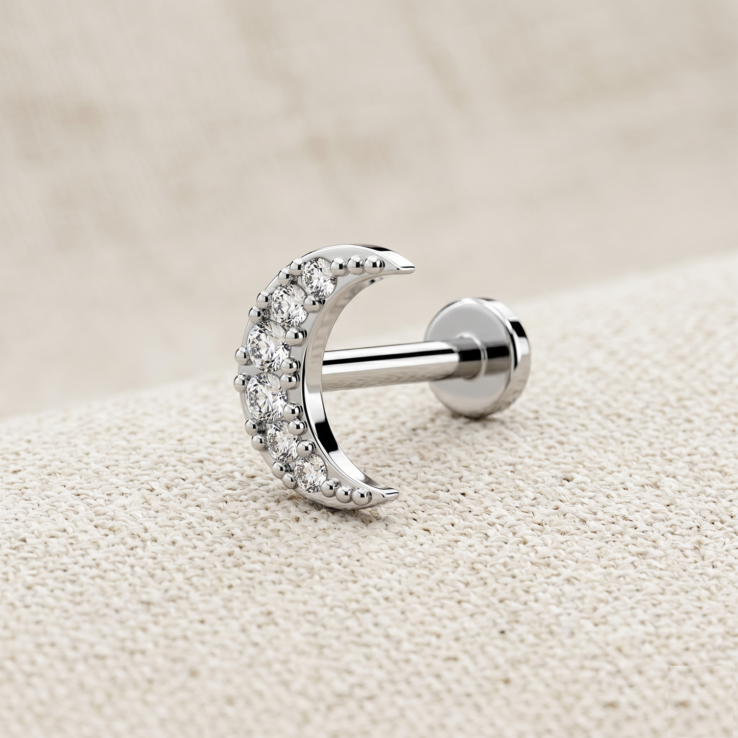 Surgical Steel Crescent Moon CZ Threaded Labret Stud 16G