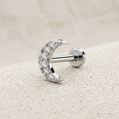 Surgical Steel Crescent Moon CZ Threaded Labret Stud 16G