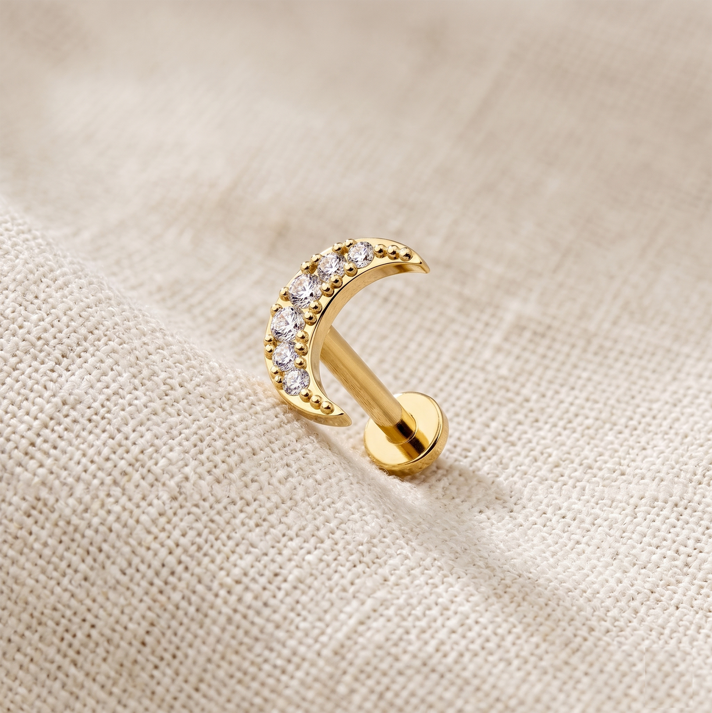 Surgical Steel Crescent Moon CZ Threaded Labret Stud 16G